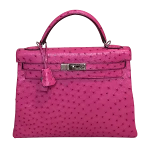Hermes Mini Kelly II Ostrich Rose Tyrien PHW -【TOP】1:1 Mirror Replica Handbags