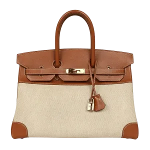 Hermès Birkin 35 Barenia Gold Brown and Canvas GHW -【TOP】1:1 Mirror Replica Handbags