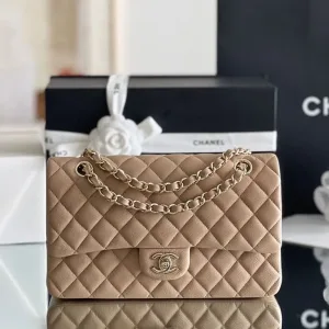 Chanel Classic Flap 25.5 × 15.5 × 6.5 cm ZP small ball-patterned cowhide LEATHER, apricot color with light gold hardware -【TOP】1:1 Mirror Replica Handbags