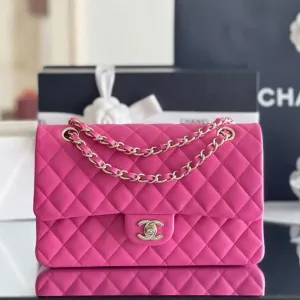 Chanel Classic Flap 25.5 × 15.5 × 6.5 cm ZP small ball-patterned cowhide LEATHER with rose red and light gold buckle -【TOP】1:1 Mirror Replica Handbags