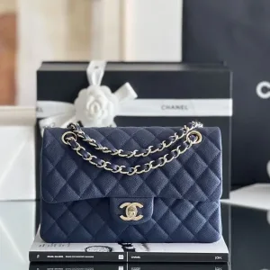 Chanel Classic Flap 23× 14.5 × 6 cm ZP small ball-patterned calfskin LEATHER, midnight blue with light gold hardware -【TOP】1:1 Mirror Replica Handbags