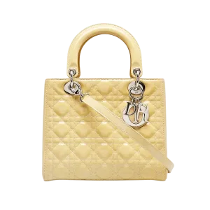 Dior Beige Cannage Quilted Patent Leather Medium Lady Dior Bag -【TOP】1:1 Mirror